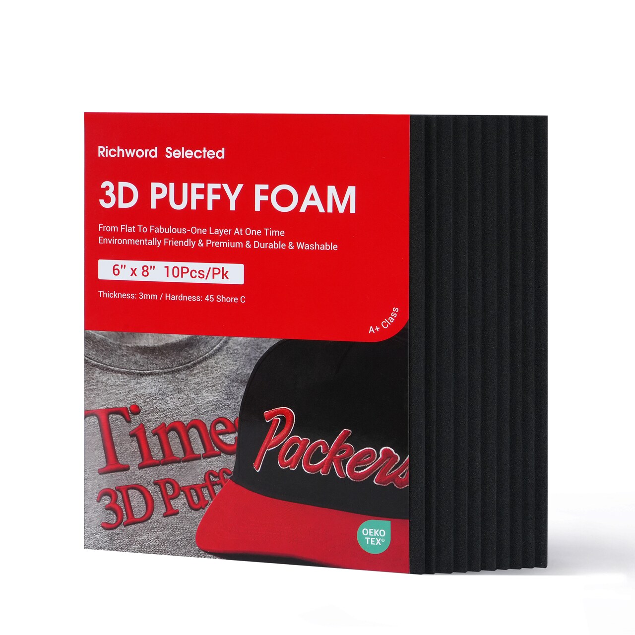 Richword Selected 3D Embroidery Puffy Foam, 3mm Thick, White & Black, 6 x 8 in and 12 x 16 in Sheets, 10PCS Each, Perfect for Caps, Hats, Jackets, Bags, Custom Logos and Garments